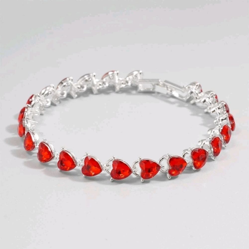 Silver Tennis Bracelet with Red Hearts